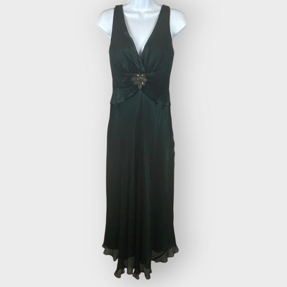 Jones New York Silk Formal Maxi Dress | 6 | Dark Green Chiffon | Formal Event
